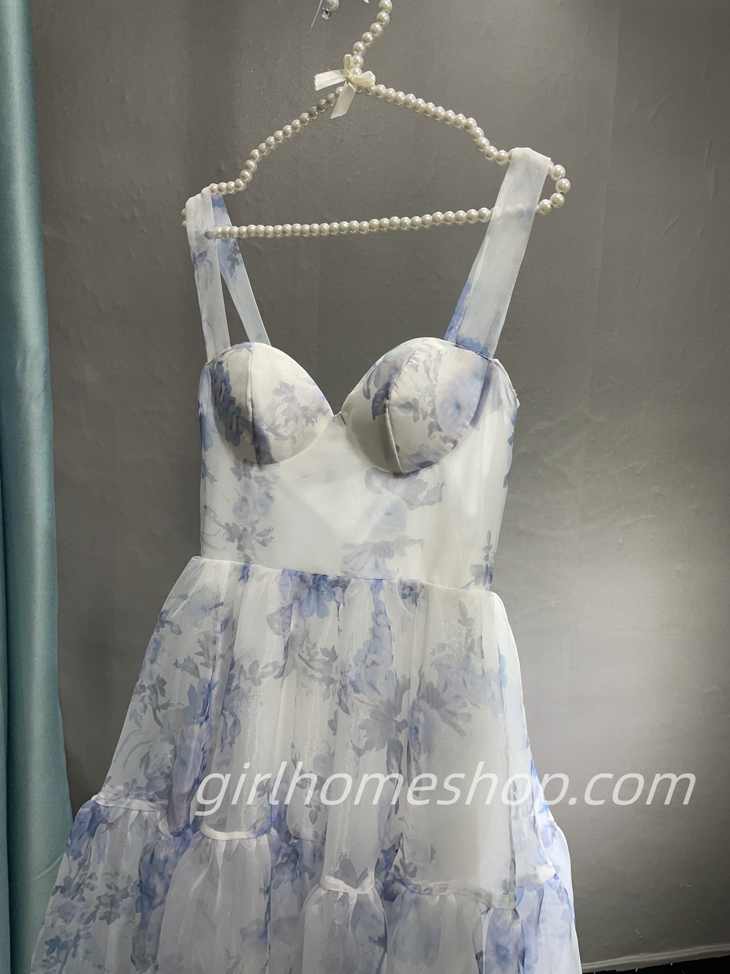 Blue white beautiful charming floral print sweetheart neckline A-line long chiffon ball gown evening dress wedding holiday party dress gh1790