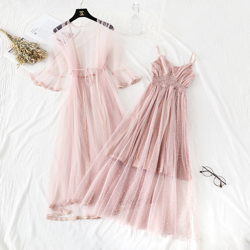 Sequin mesh dress suspender skirt two piece suit  4478