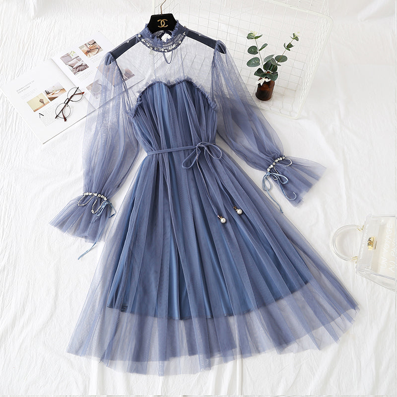 Mesh dress with Beaded long sleeve lace  4307