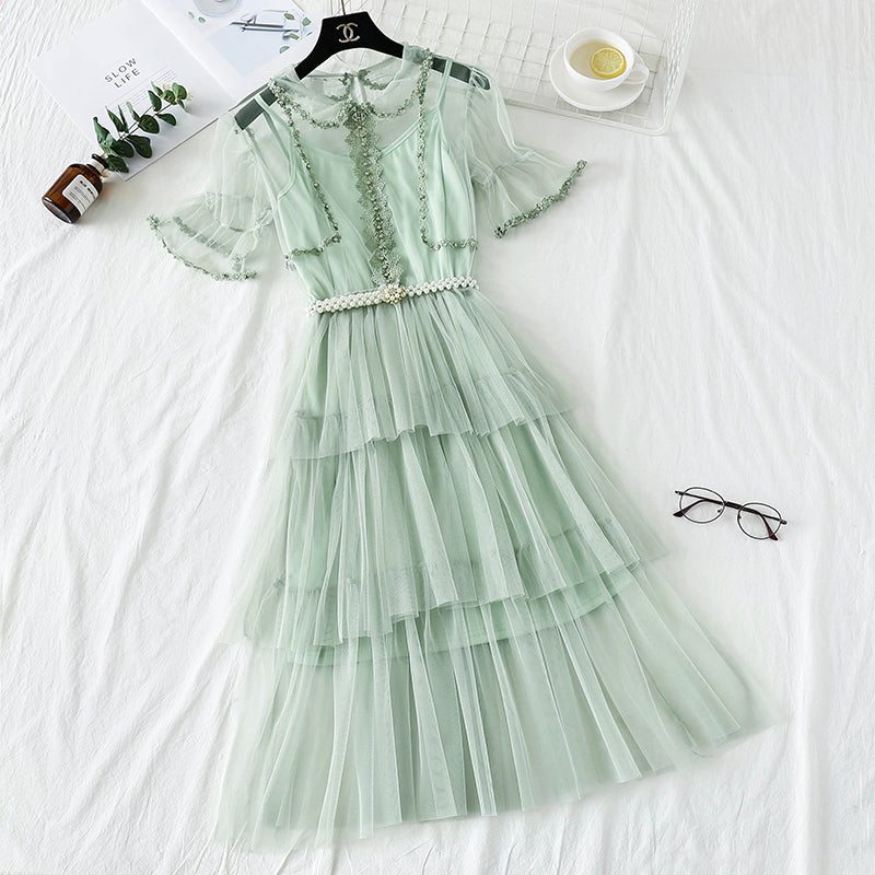 Mesh dress high waist layered cake skirt  4338