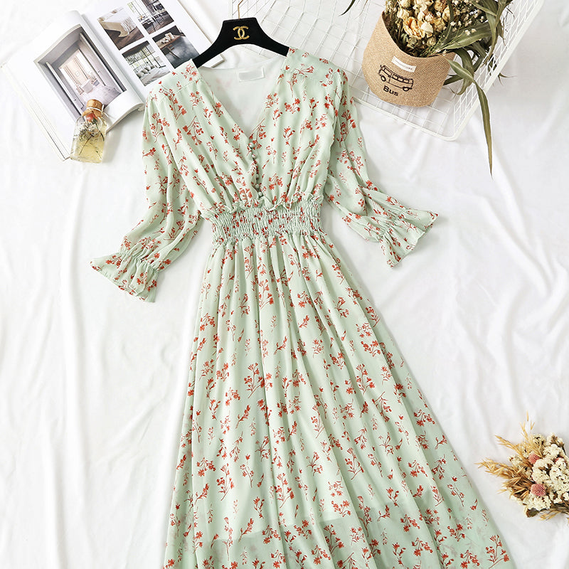 French minority Floral Chiffon Dress retro skirt waist slim  4475