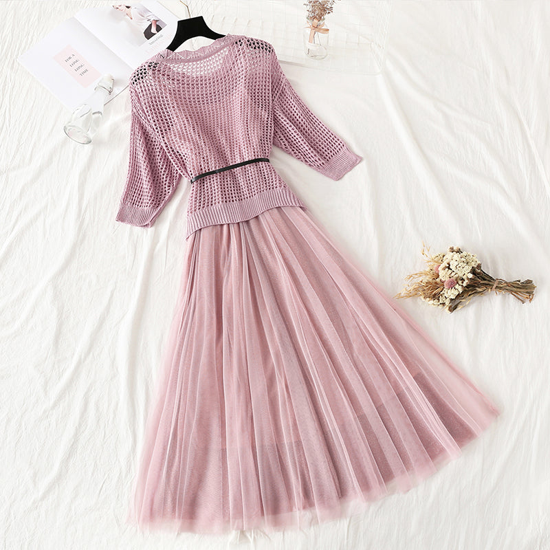 Hollowed out bat sleeve sweater mesh suspender skirt  4313