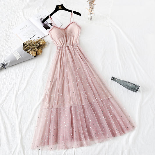 Five pointed star Sequin mesh sexy suspender dress  4298