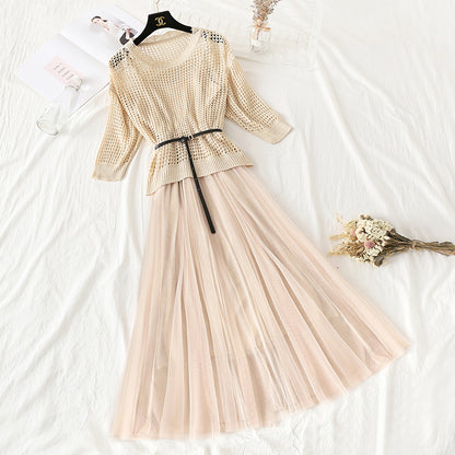 Hollowed out bat sleeve sweater mesh suspender skirt  4313