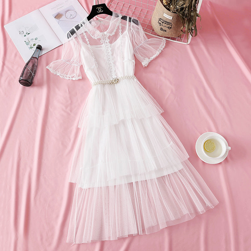 Mesh dress high waist layered cake skirt  4338