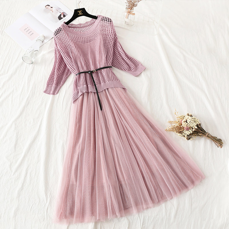 Hollowed out bat sleeve sweater mesh suspender skirt  4313