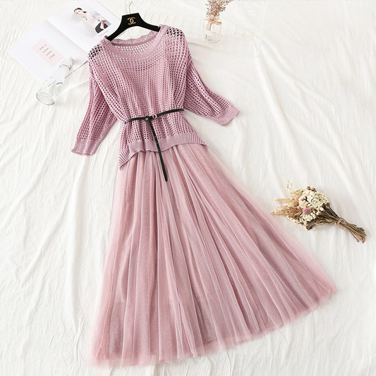 Hollowed out bat sleeve sweater mesh suspender skirt  4313