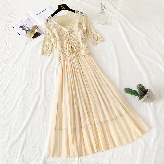 Hollowed out Crochet sweater mesh suspender skirt  4329