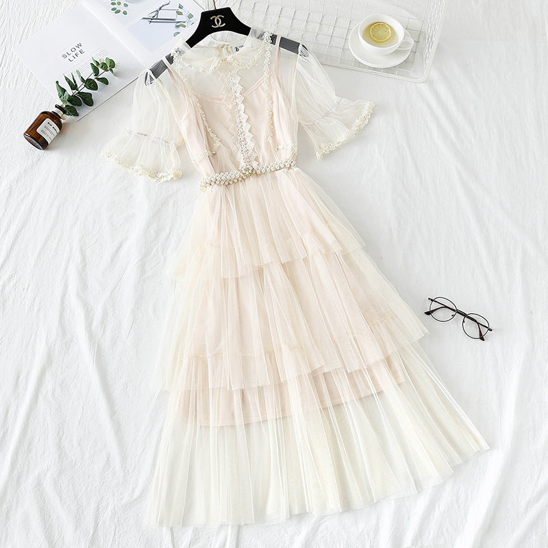 Mesh dress high waist layered cake skirt  4338