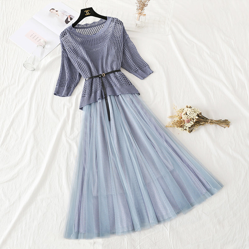 Hollowed out bat sleeve sweater mesh suspender skirt  4313