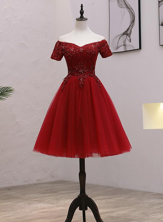 Tulle Dark Red Off The Shoulder Knee Length Homecoming Dress, Red Party Dress gh490