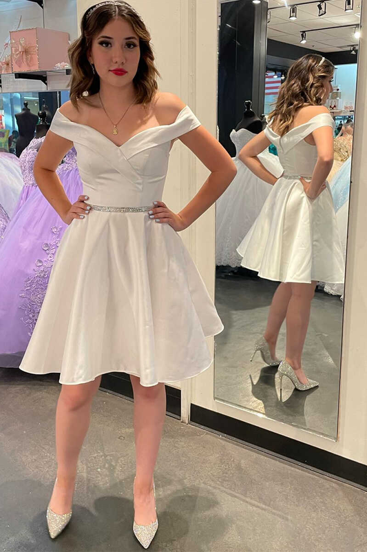 Robe de soirée courte blanche à épaules dénudées de princesse gh1426