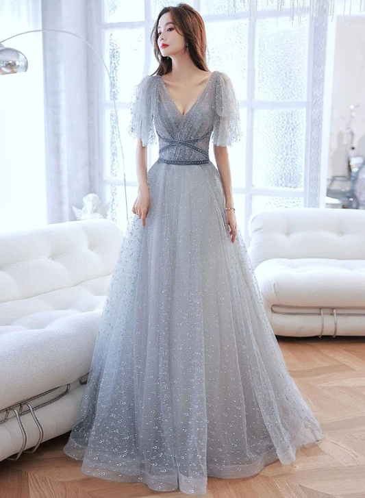 Lovely Grey Shiny Tulle V-Neckline Puffy Sleeves Long Prom Dresses, Grey Evening Dresses  gh24
