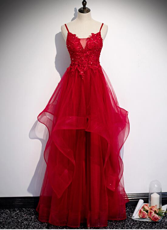 Robe de soirée longue à la mode en tulle et dentelle rouge, robe de bal longue gh277