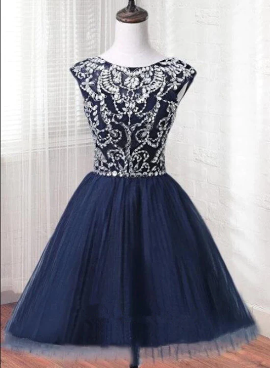 Kurzes Tüll-Perlenkleid Blaues knielanges Heimkehrkleid, süßes Partykleid gh496