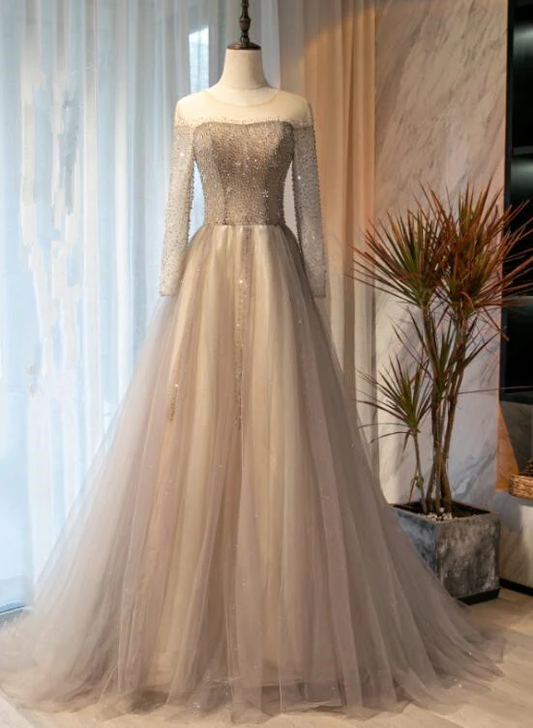 Robe de soirée en tulle à manches longues et perles gris clair, robe de bal en tulle gris, robe de soirée gh91