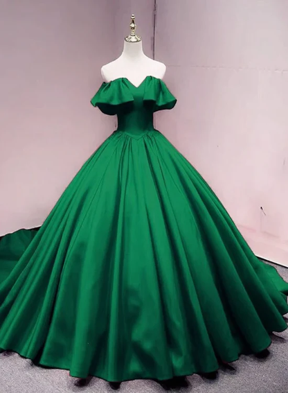 Green Satin Sweetheart Off Shoulder Ball Gown Long Sweet 16 Dress, Green Quinceanera Dress  gh66