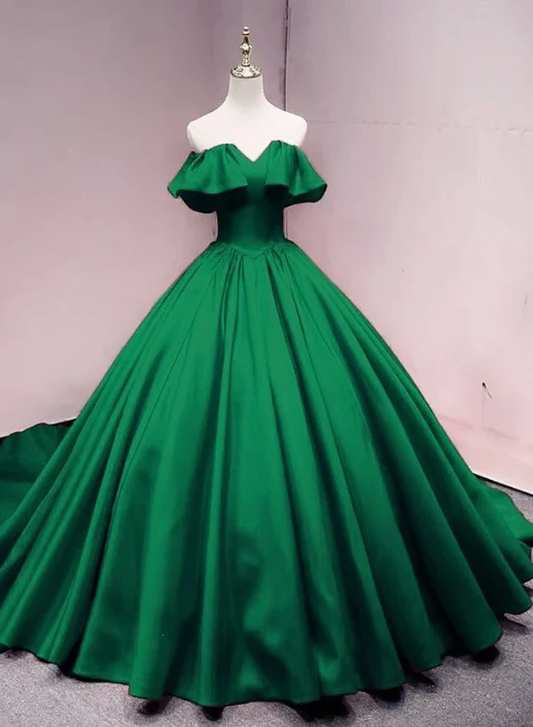 Robe de bal longue en satin vert à épaules dénudées et décolleté en cœur pour les 16 ans, robe de Quinceanera verte gh66