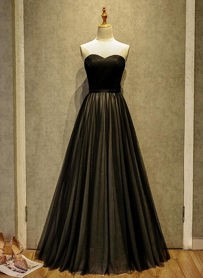 Einfaches schwarzes A-Linien-Partykleid mit langem Tüll und Herzausschnitt, schwarzes Abendkleid gh281