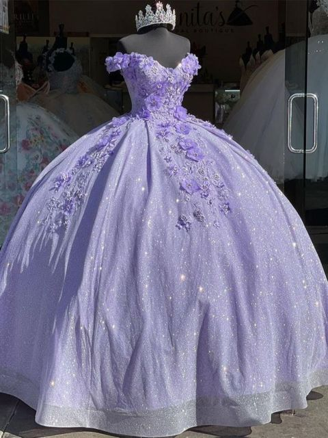 Robe de soirée longue en dentelle étincelante lilas, robe de bal de princesse, robe de bal de 15 à 16 ans, motif floral 3D, gh910