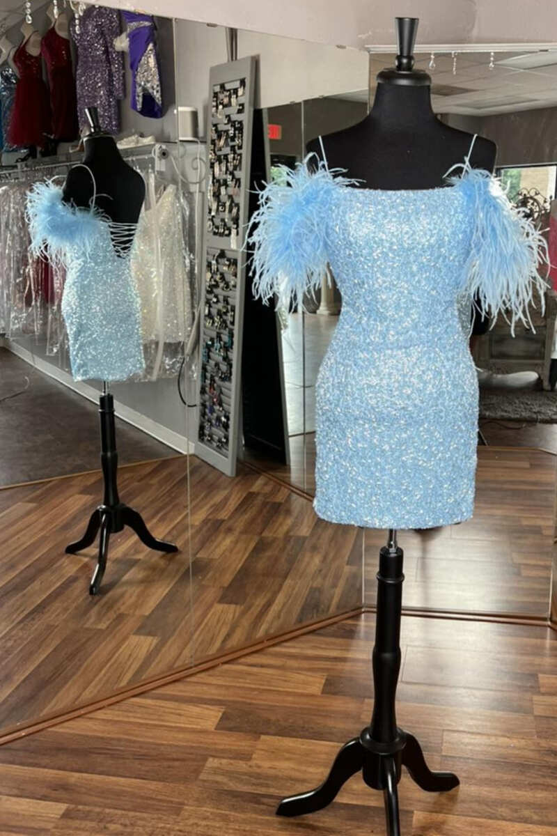 Light Blue Sequin Cold-Shoulder Feathers Short Party Dress gh1232