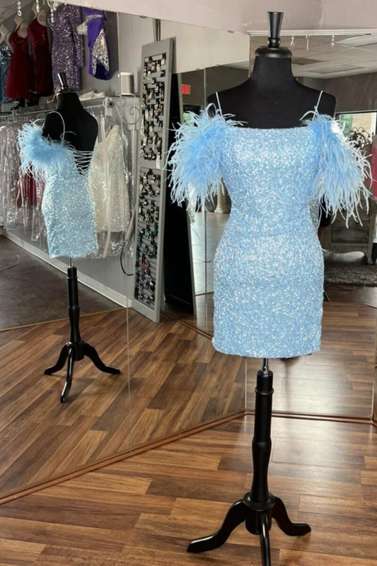 Light Blue Sequin Cold-Shoulder Feathers Short Party Dress gh1232