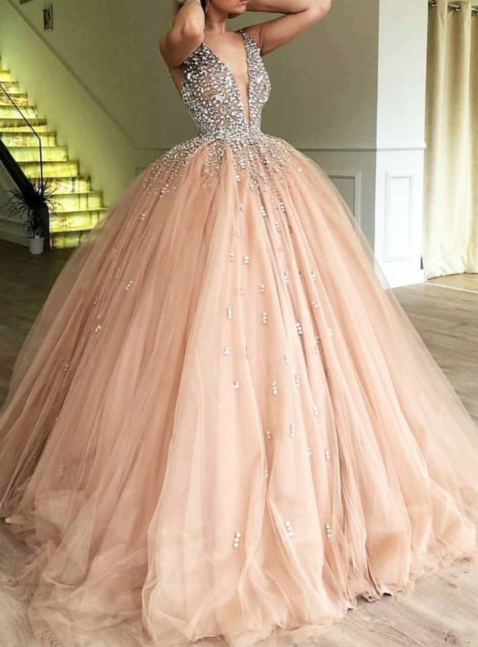 Pink Ball Gown Deep V-neck Tulle Sweet 16 Dress With Beading Party Dress gh907