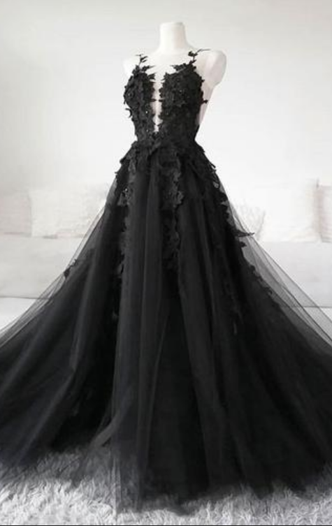Einzigartiges schwarzes Tüll-Abendkleid mit V-Ausschnitt, schiere Rückseite, Spitzenapplikationen, formelles Kleid gh1077