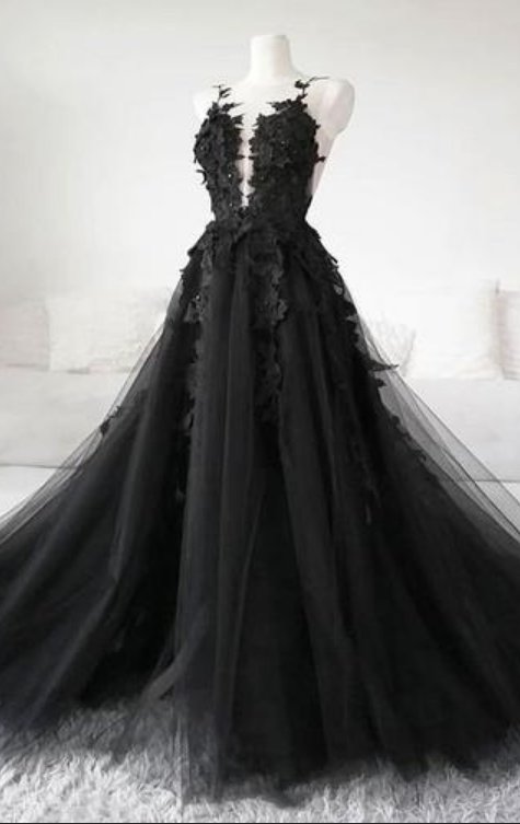 Robe de soirée unique en tulle noir à col en V et dos transparent avec appliques en dentelle, robe formelle gh1077