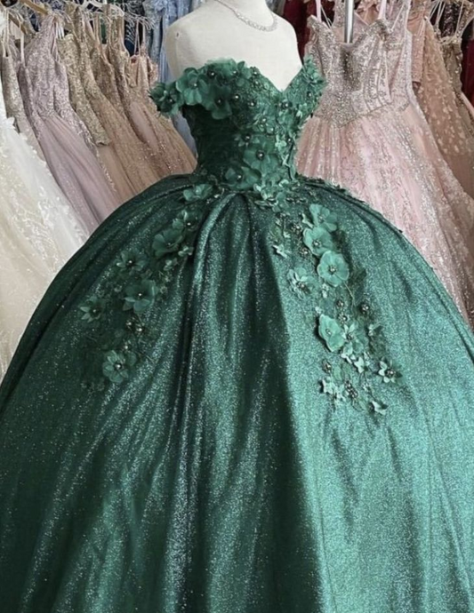 Robe de bal verte à épaules dénudées avec fleurs pour Sweet 16 gh919