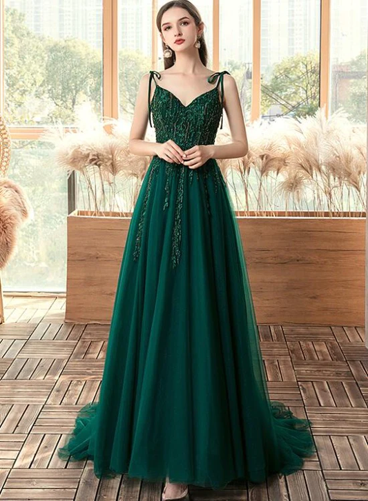 Robe longue de soirée en tulle à bretelles et décolleté en V avec perles vertes, robe de bal trapèze vert foncé gh78