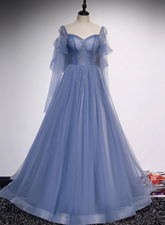 Robe de bal longue unique en tulle bleu avec perles et décolleté en cœur, robe de soirée bleue, robe formelle gh103