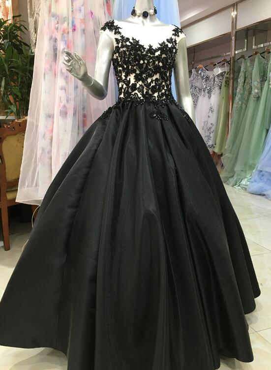 High Quality Satin With Lace Applique Round Neckline Formal Gown, Black Party Dresses Prom Dress  gh107
