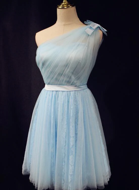 Light Blue One Shoulder Tulle And Lace Homecoming Dress, Bridesmaid Dress gh609
