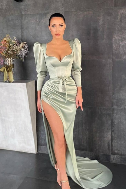 Dusty Sage Long Sleeves Prom Dress Split With A Bowknot gh652