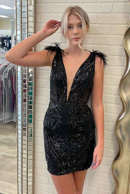 Black Plunge V Feathers Short Party Gown gh1277