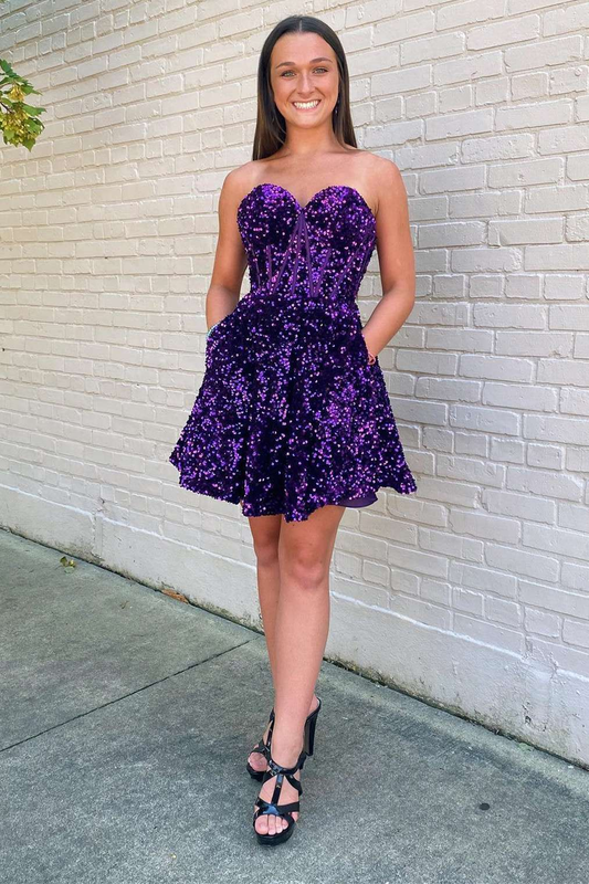 Purple Sequin Sweetheart A-Line Short Homecoming Dress gh1274