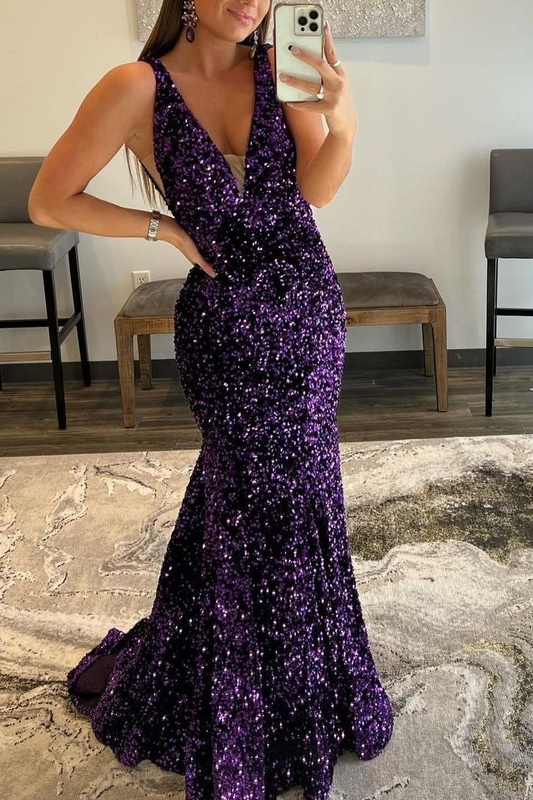 Purple V-Neck Long Mermaid Prom Dress With Sequins  gh748