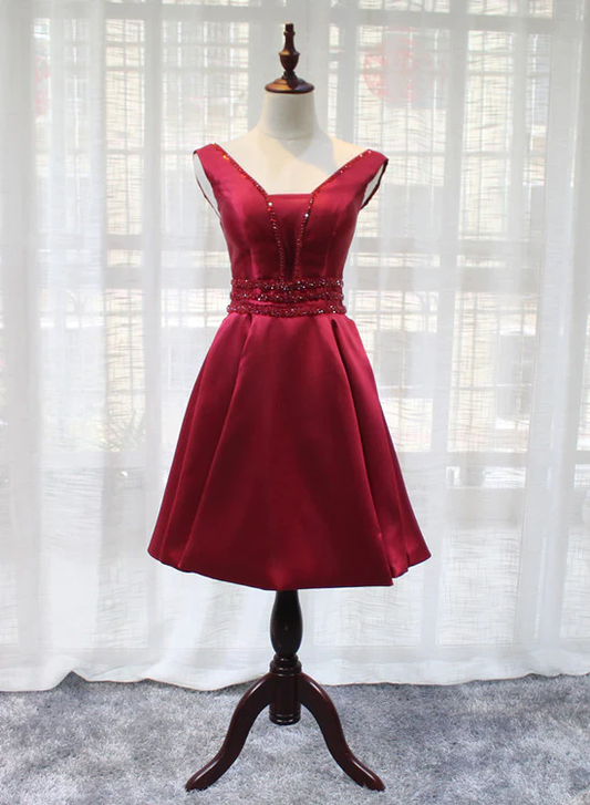 Beautiful Dark Red Satin V-Neckline Party Dress, Charming Short Homecoming Dress  gh531
