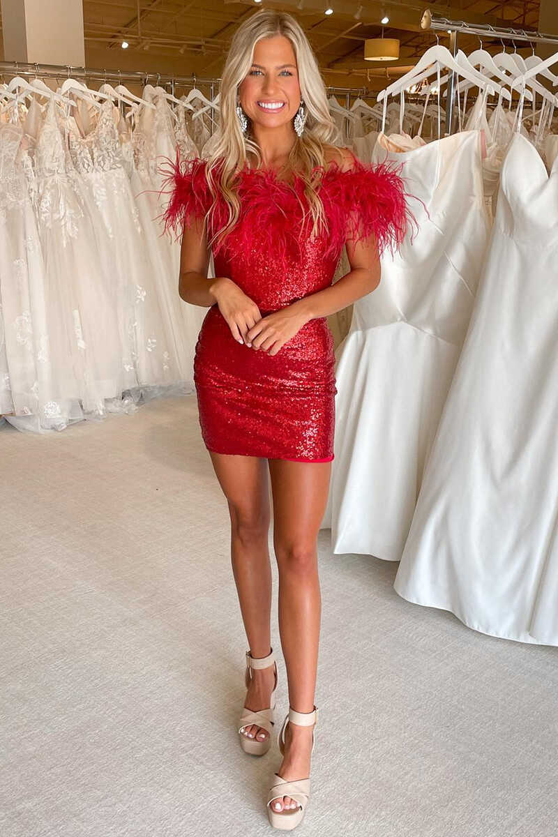 Red Off-the-Shoulder Feathered Bodycon Mini Homecoming Dress gh1319