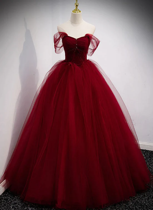 Gorgeous Wine Red Tulle Ball Gown Long Prom Dress Formal Dress, Burgundy Sweet 16 Dresses  gh14
