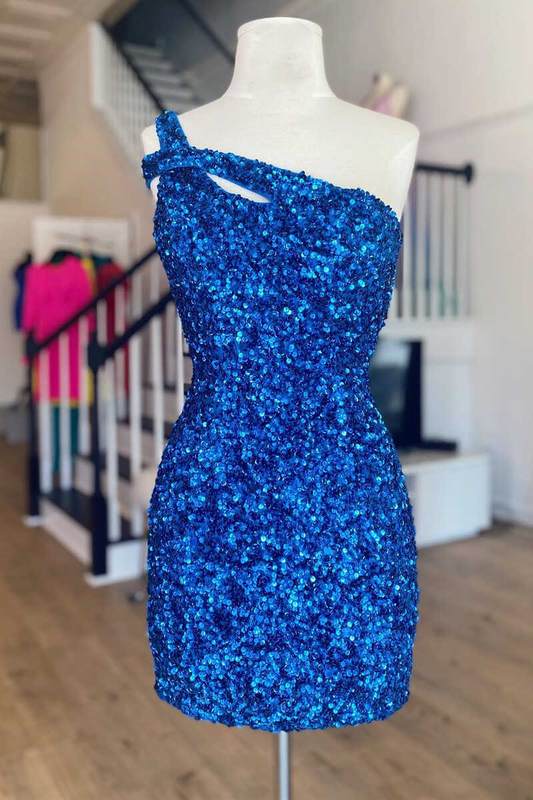 Robe de soirée courte à une épaule et à sequins rose vif gh1357