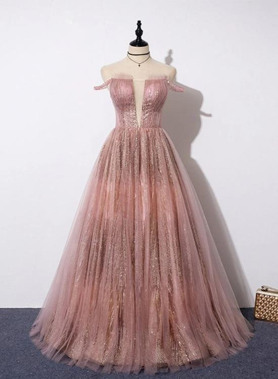 Unique Pink Sequins Tulle Off Shoulder Long Custom Size Senior Prom Dress gh329