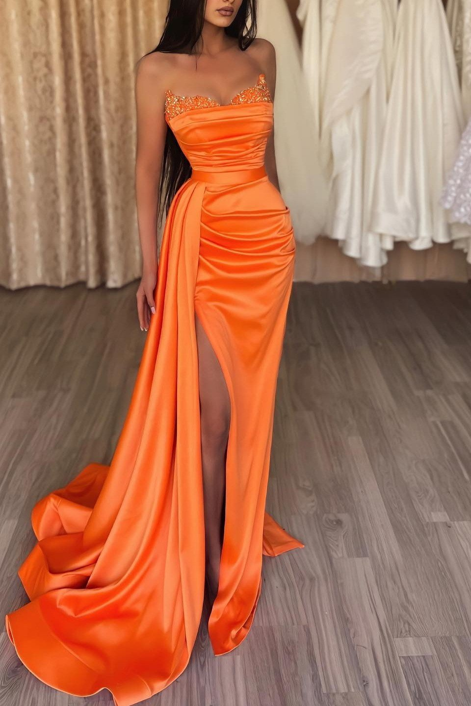 Orange Strapless Long Mermaid Prom Dress Split With Ruffles  gh750
