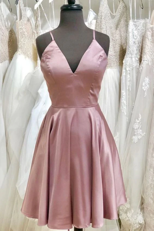 Simple Straps Rose Gold Homecoming Dress with Lace Up Back gh894