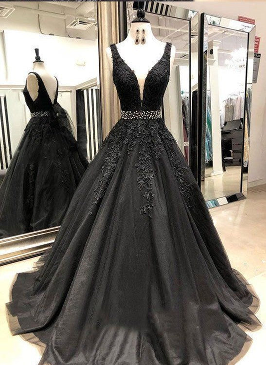 Sexy Black V Neck Tulle Lace Beaded Long Prom Dress, Black Evening Dress Formal Wear  gh928