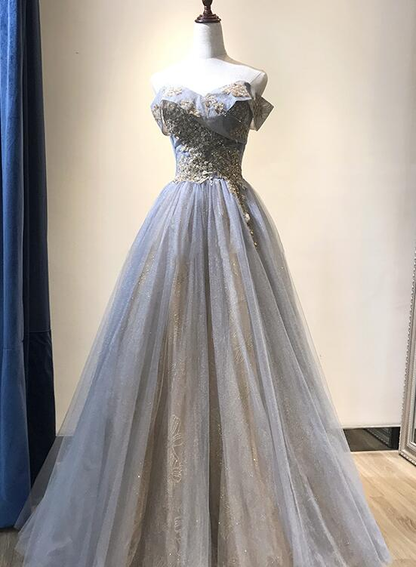 Charming Grey-Blue Tulle Floor Length Party Dress Beautiful Formal Gown gh456