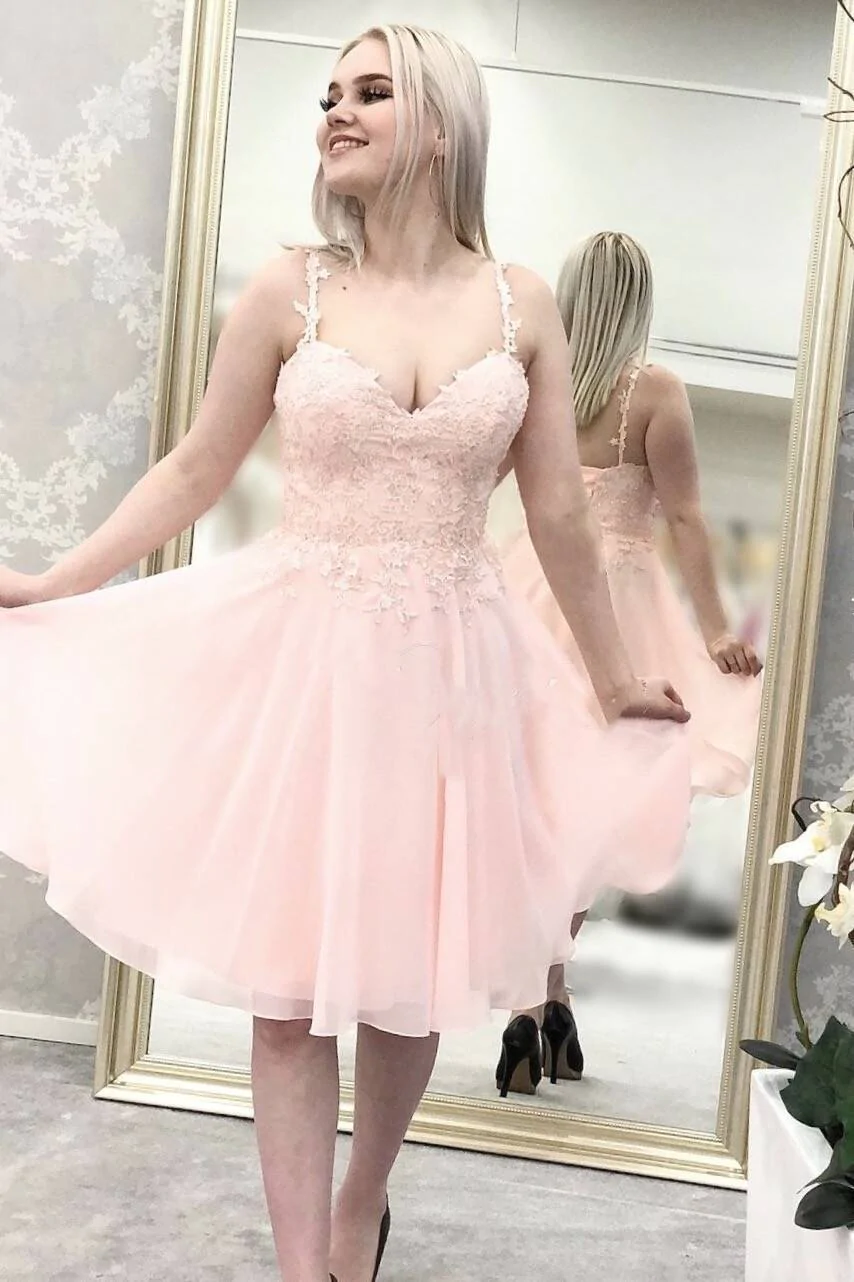 Pink Spaghetti Straps Lace Appliques Short Homecoming Dress  gh1552