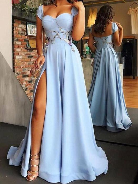 Cheap Blue Side Slit Long A Line Prom Dress with Cap Sleeves gh1062