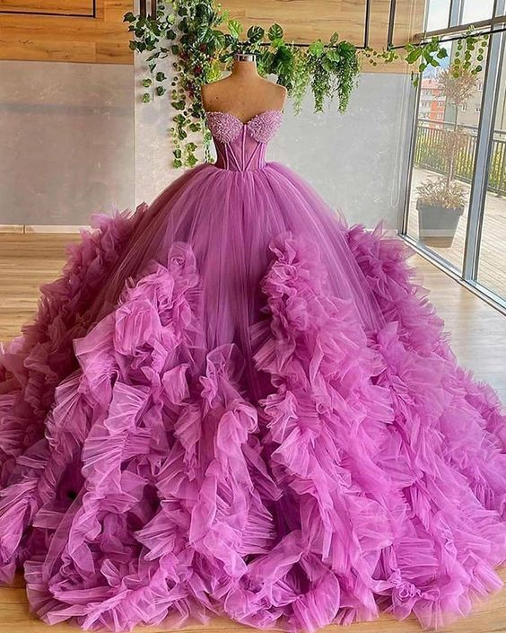 Sweetheart Purple Beading Bodice Tulle Ruffle Pleated Ball Gown Evening Dress prom gown gh951